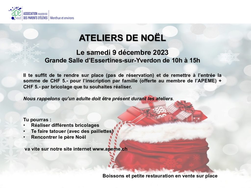 APEME - Ateliers de Noël - samedi 9.12.2023 à Essertines-sur-Yverdon